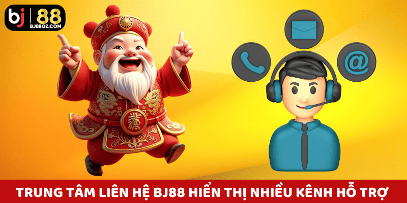 Trung tâm liên hệ BJ88 hiển thị nhiều kênh hỗ trợ từ email, chat đến hotline.